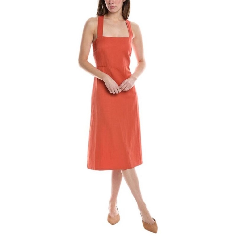 Nwot Theory Crossback Linen-Blend Cross Back Square Neck Midi Orange Dress 2